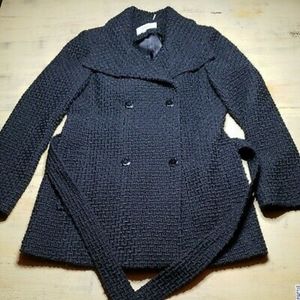 CALVIN KLEIN Black Wool Blend Double Breasted Belted Basket Weave Coat